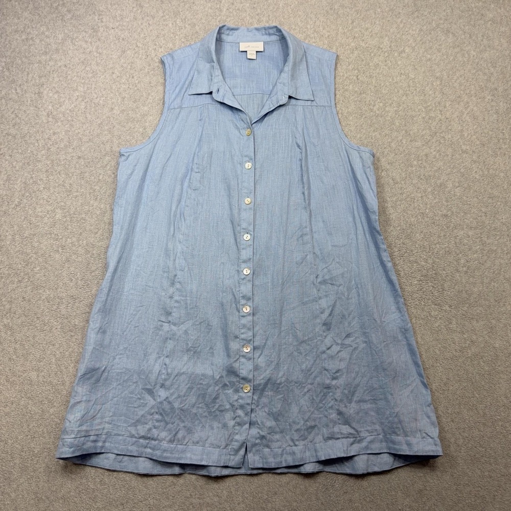 J Jill Love Linen Tunic Womens Small Blue Sleeveless Collared Button Front Top